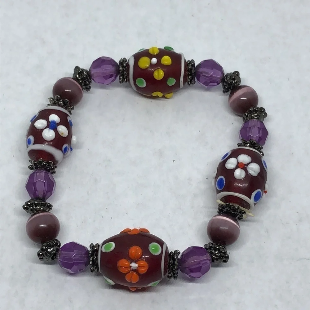 MURANO style art glass beads stretch bracelet boho layering stackable colorful